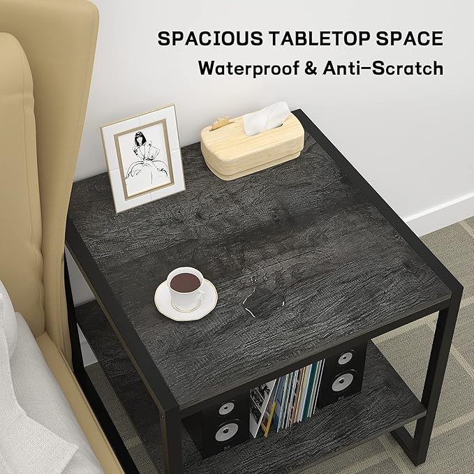 Homieasy End Table, 20 Inch Square End Table, Mini Fridge Stand with 2-Tier Storage Shelves, Industrial Wood Side Tables for Living Room, Black Oak