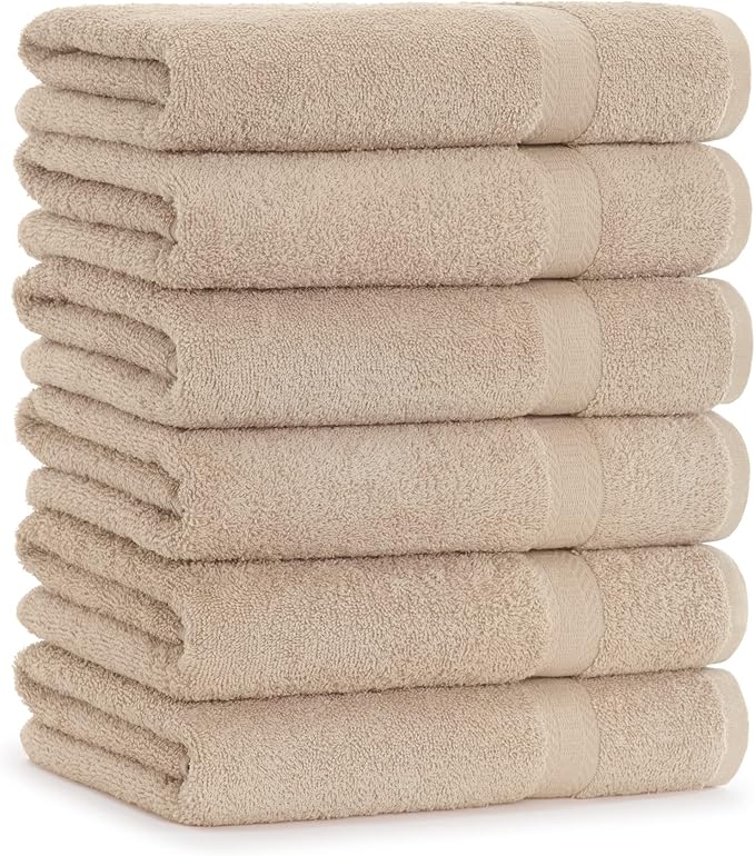 Arkwright True Color Solid Bath Towels - Soft 100% Cotton Bathroom Towel Set of 6 - Lightweight 475 GSM, Absorbent, and Quick Dry, 25 x 52 in, Beige