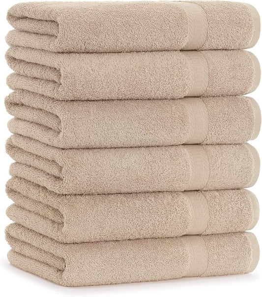Arkwright True Color Solid Bath Towels - Soft 100% Cotton Bathroom Towel Set of 6 - Lightweight 475 GSM, Absorbent, and Quick Dry, 25 x 52 in, Beige
