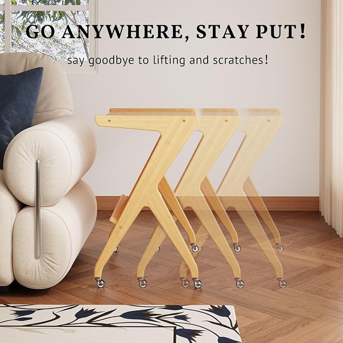 ZIYOO Solid Wood Mobile Side Table with Lockable Wheels, Multi-Functional Rolling End Table & Nightstand for Bedroom/Living Room, Small Spaces, Natural Bamboo