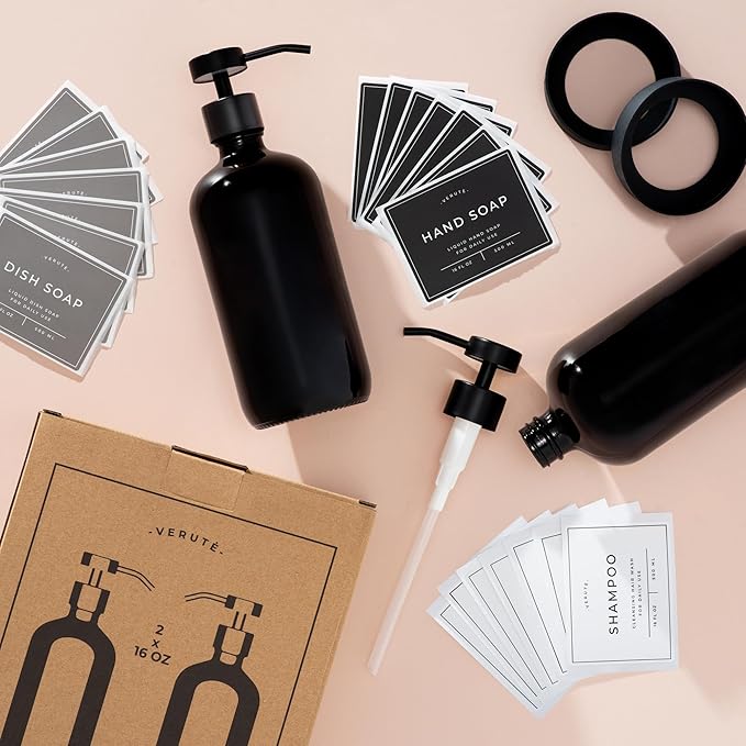 16oz Glass Soap Dispenser with Stainless Steel Pump, 21 Waterproof Labels, Non-Slip Protective Silicone Pad, Set of 2 for Bathroom & Kitchen (Gloss Black Bottle/Black Pump)