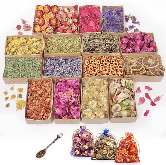 16 Bags Dried Flowers - Natural Dried Herbs Kit for Soap Making, DIY Candle, Resin Jewelry Making, Bath, Witch - Bulk Flowers Include Rose Petals, Lavender, Lemon, Don't Forget Me, Rosemary, and More