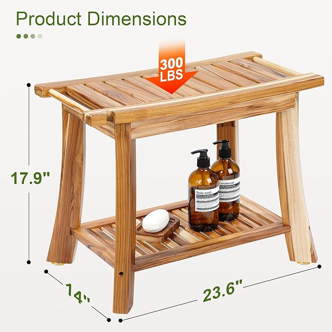 24" Solid Teak Shower Bench with Towel Bar & Storage Shelf - Waterproof Bath Stool with Fixed Non-Slip Feet, 300lbs Capacity, Natural