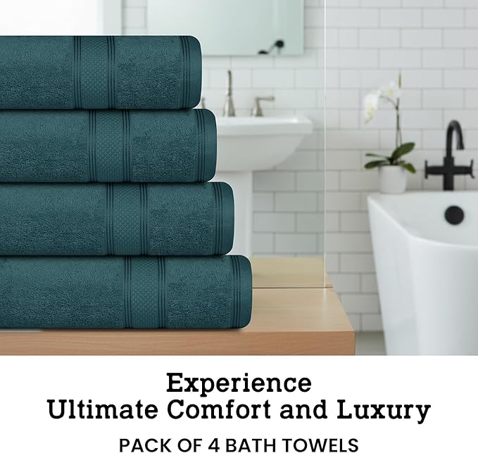 Casa Lino Teal Bath Towels Set of 4 (54" x 27") - Large Bathroom Towel Set - 100% Cotton Towels for Bathroom - Highly Absorbent & Quick Dry Bath Towel Multipack - New Apartment Essentials