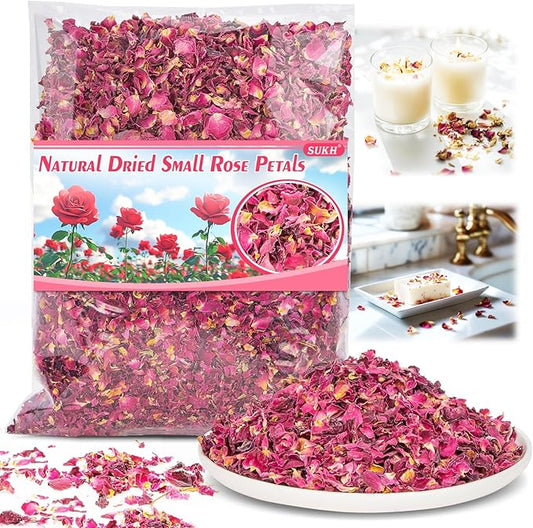 Sukh Dried Small Rose Petals - Natural Dry Red Rose Petals 3oz Organic Flowers and Herbs for DIY Spa Bath Salts,Soap Making,Candle,Resin Jewelry Crafts,Wedding Party Decoration and Confetti