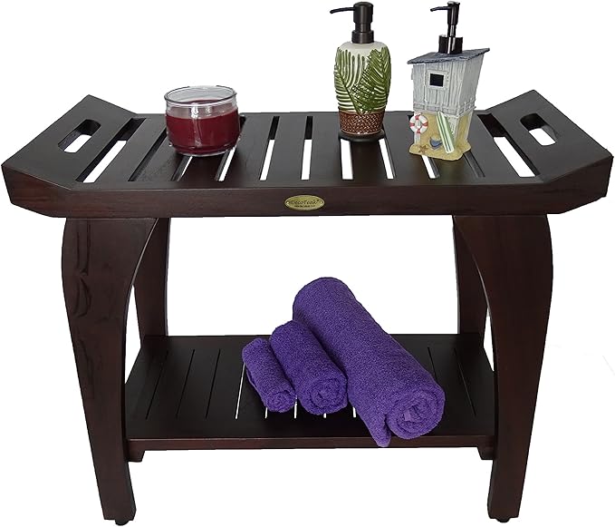 DecoTeak Tranquility 30 Inch Extended Height Brown Waterproof Teak Wood Shower Bench Stool Seat Chair for Inside Shower Storage Shelf Provides Safety Storage and Organization for Bathroom Accessories