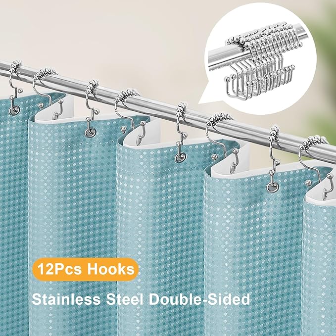 3 in 1 Extra Long Shower Curtain Set-72 W x 84 H, Teal Blue Waffle and PEVA Liner Set with 12 Stainless Steel Hooks, Waterproof Fabric for Bathroom
