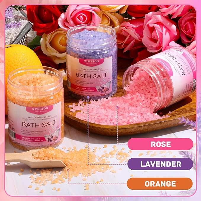 Bath Salts for Soaking Himalayan Pink Bath feet soka sea Salt 3 Set Kit Lavender Orange Rose Scent Epsom Salt Tea Tree Oil Natural Soaking spa Set Christmas Gifts for Woman Mom Gifts Set