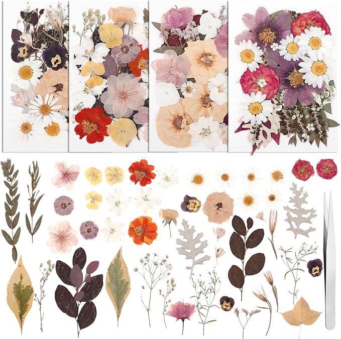 100 Pcs Dried Pressed Flowers, Real Natural Dried Wildflowers Leave with Tweezer Floral Decoration for DIY Crafts, Candle Making, Resin Mold and Scrapbooking Mixed Yellow