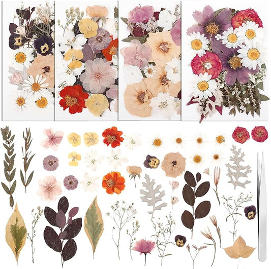 100 Pcs Dried Pressed Flowers, Real Natural Dried Wildflowers Leave with Tweezer Floral Decoration for DIY Crafts, Candle Making, Resin Mold and Scrapbooking Mixed Yellow