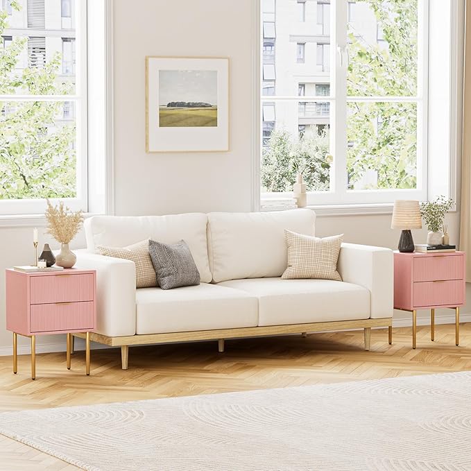 Masupu Night Stand,Mid-Century Modern Bedside Table with 2 Storage Drawer,Small Gold Frame Side End Table for Bedroom,Living Room, Pink