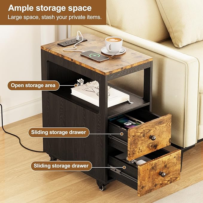 Narrow End Table with Charging Station and Wheels, Movable Narrow End Table with USB Ports and Outlets for Small Space, Living Room, Bedroom and Office, with 4 Wheels ( Rustic Brown + Black)