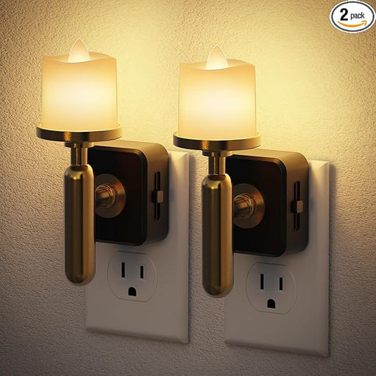 JandCase Candle Night Light, 2 Pack Night Lights Plug into Wall, 3000K Soft White, 0-100LM Adjustable Brightness, Dusk to Dawn Sensor NIghtlight for Dinning Room, Living Room, Bathroom, Hallway