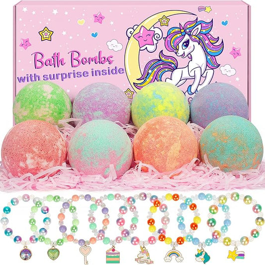 8 Pack Bubble Bath Bombs for Kids with Bracelets Toys Inside, Organic Natural Kids Bath Bombs, Christmas Birthday Gift for 3 4 5 6 7 8 Year Old Girl, Princess Bath Bomb Kit with Mermaid Unicorn Toys