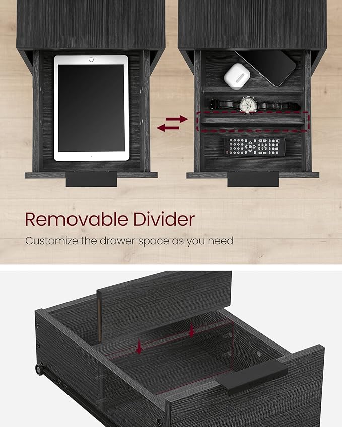 VASAGLE Side End Table with Charging Station, Slim Nightstand with 2 Drawers, Narrow Bedside Table for Living Room, Small Spaces, Charcoal Gray and Ink Black ULET321B22