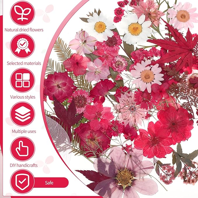 100 Pcs Dried Pressed Flowers, Real Natural Dried Wildflowers Leave with Tweezer Floral Decoration for DIY Crafts, Candle Making, Resin Mold and Scrapbooking Mixed Pink