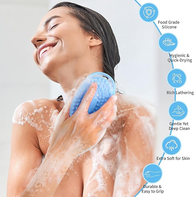 2 Pack Silicone Body Scrubber for Shower, Soft & Gentle Loofah Alternative for Sensitive Skin, Quick-Drying & Hygienic Body Wash Scrubber Brush for Women, Men & Kids (Blue & Pink)