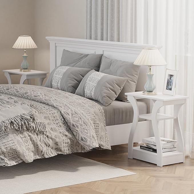 End Table with Charging Station, Side Table with USB Ports and Outlets, 3 Tier Nightstand Sofa Table for Small Spaces, Beside Table with Storage Shelf for Living Room, Bedroom