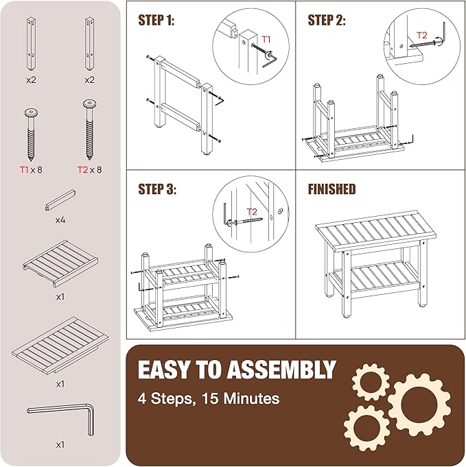 24 inch Acacia Wood Shower Bench with Storage Shelf - Waterproof Sturdy Shower Stool - Shower Seats for Adults and Elderly - Bathroom Bench 350 lb Capacity