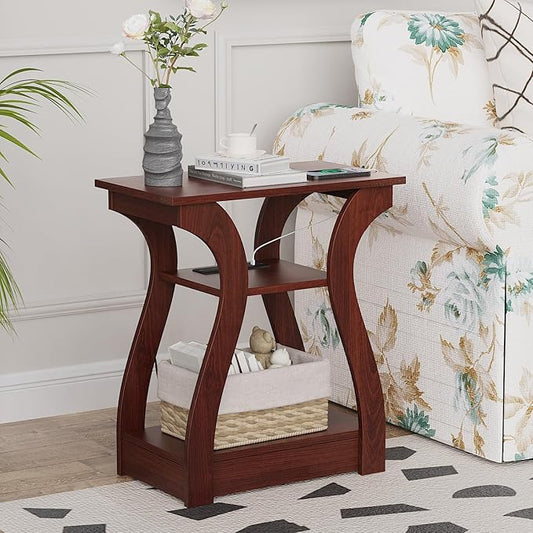 End Table with Charging Station, Side Table with USB Ports and Outlets, 3 Tier Nightstand Sofa Table for Small Spaces, Beside Table with Storage Shelf for Living Room, Bedroom
