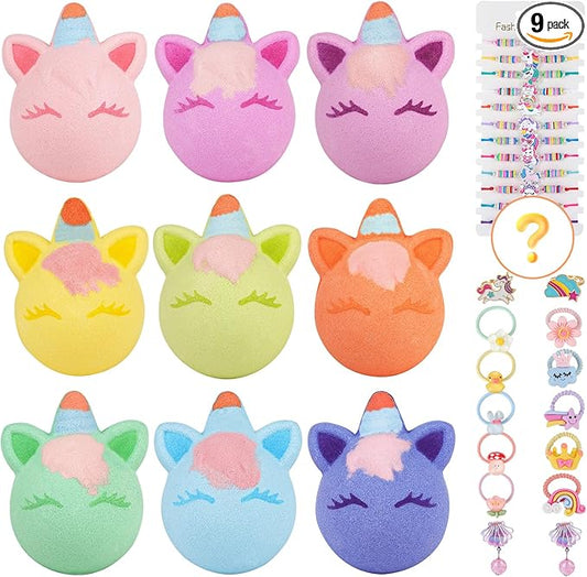 Unicorn Bath Bomb Gift Set 9 Packs for Girls and Boys, Handmade and Nature Bath Bombs with Surprise for Kids, Perfect for Bubble Bath, Christmas Birthday Gifts for Kids Toddler Women