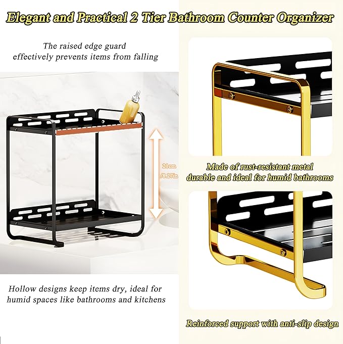 2-Tier Black and Gold Carbon Steel Bathroom Counter Organizer - Skincare Cosmetic Display Tray for Perfume, Makeup, Bathroom, and Vanity Storage - Modern Countertop Organizer and Vanity Decor