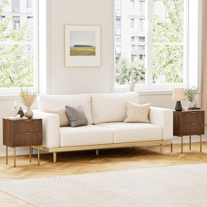 Masupu Night Stand,Mid-Century Modern Bedside Table with 2 Storage Drawer,Small Gold Frame Side End Table for Bedroom,Living Room, Walnut