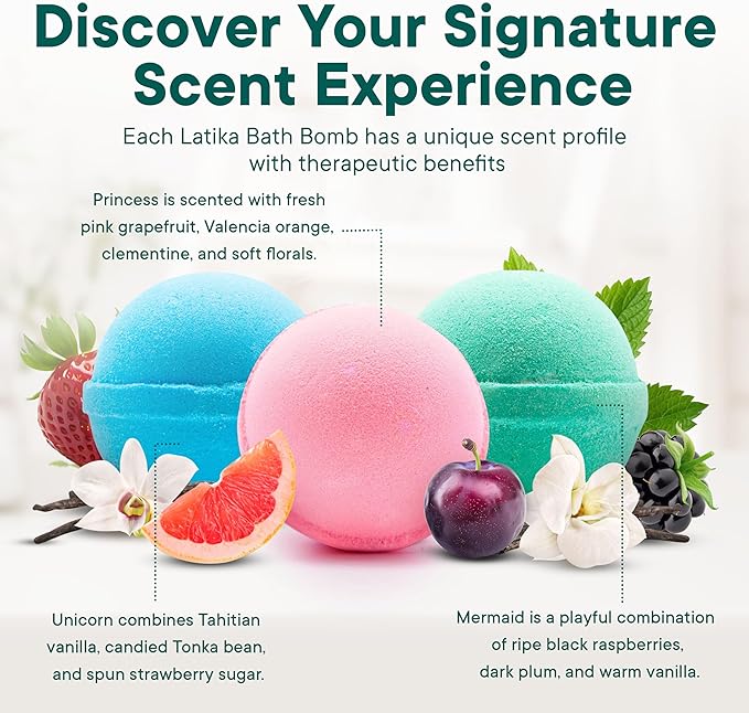 Latika Classic Bath Bombs - Unicorn, Mermaid, and Princess for Ultimate Relaxation and Skin Nourishment