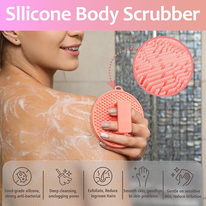 3 Soft Silicone Skin Scrubbers - Body Scrubber Exfoliating Brush Bath Shower Tool, with Gentle Manual Face Cleansing Wash Scrubber, with Hair Scalp Massager Shampoo Brush (Pink)