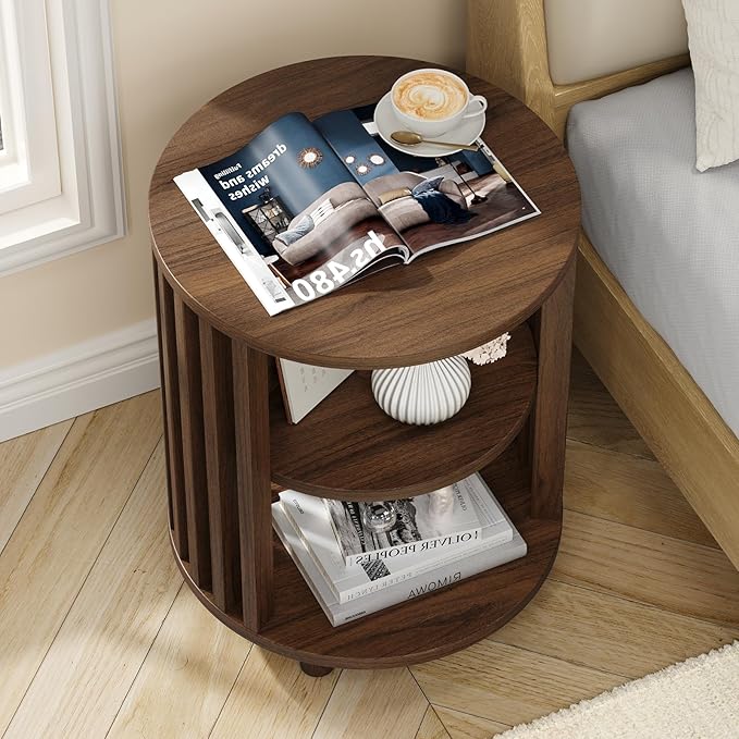 Round End Table, Wood Bedside Table, Mid Century Modern Nightstand with Open Storage Shelf, 3 Tier Small Side Tables for Living Room, Bedroom, Curved Profile Design, Walnut(1-Pack)