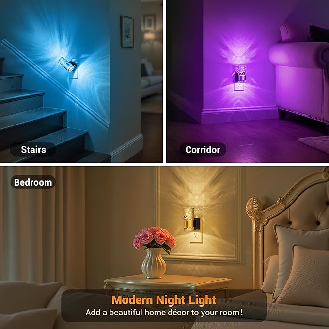 JandCase Night Lights Plug into Wall,2 Pack Color Changing Night Light for Kids, 3000K+RGB 10-Color LED Nightlight with Light Sensor, 10/50/100LM Adjustable Brightness for Rooms Home Decor