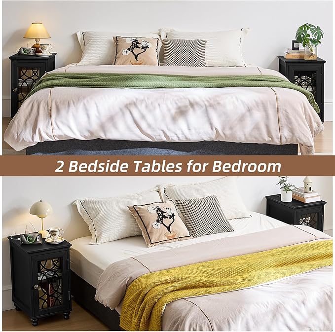 Narrow Side Table with Charging Station Set of 2, Night Stand with Glass Door,Bedside End Tables with Adjustable Shelf Storage Cabinet,Wood Nightstand for Small Spaces Living Room Bedroom