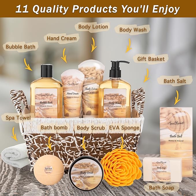 Spa Baskets For Women - Luxury Bath Set With Honey & Almond - Spa Kit Includes Wash, Bubble Bath, Lotion, Bath Salts, Body Scrub, Hand Cream, Shower Puff, Bathbombs, Soap and Towel