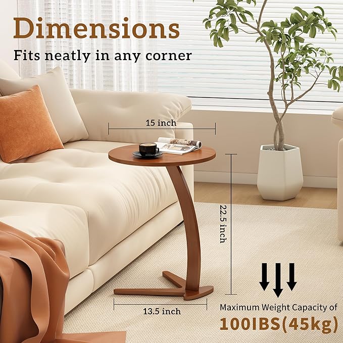 Wood Round Side Table: 15 '' Modern C Shaped End Table Nightstand with Natural Solid Wood, Small Bedside Table for Living Room, Bedroom, Farmhouse, Small Spaces (Medium)