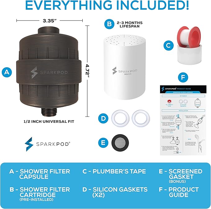 SparkPod 23 Stage Shower Head Filter for Dry Hair and Skin - High Output Universal Shower Filters to Remove Toxic Chemicals, Chlorine & Heavy Metals (Vintage Oil-Rubbed Bronze)