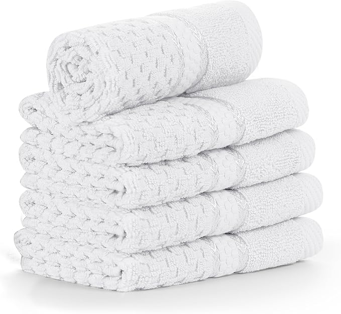 Ample Decor Christmas White Wash Cloth Set of 5 100% Cotton - Popcorn Textured - Mulaayam Collection - 12 X 12 Inch