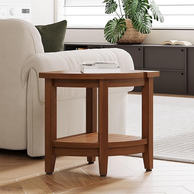 18" Teak Corner Shower Stool, Inside Shower Stool with Storage Shelf, Waterproof Teak Stool for Shaving Legs and to Sit On, 2-Tier Shower Stool,Adjustable Feet, Non-Slip, Brown