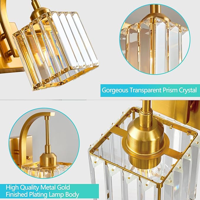 Wall Sconces, Set of 2 Gold Crystal Vanity Lights, Modern Wall Lamp for Bathroom, Hallway, and Makeup, Easy Installation