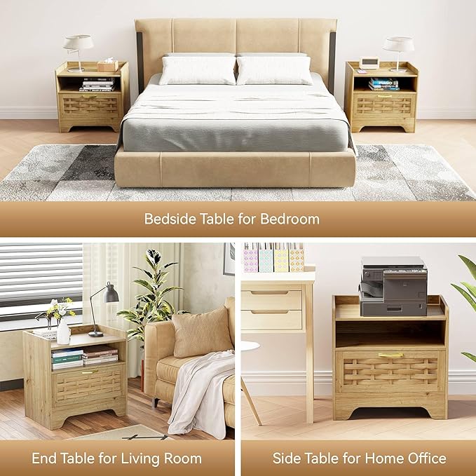 24" Rattan Nightstand Set of 2, Oak Bedside Table with Semi Open Cubby, Boho Night Stand with Farmhouse Arched Base for Bedroom, Side Table, End Table for Dorm