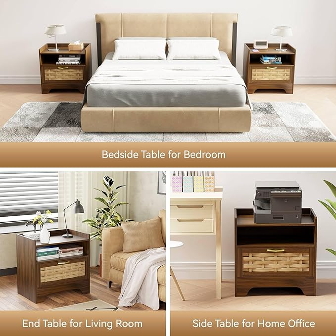 24" Rattan Nightstand Set of 2, Walnut Bedside Table with Semi Open Cubby, Boho Night Stand with Farmhouse Arched Base for Bedroom, Side Table, End Table for Dorm