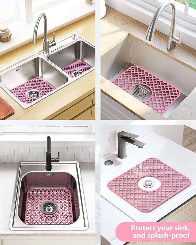2 Pack Silicone Sink Protector for Kitchen Sink, Lozenge Pattern 13 x 11 inches Sink Grid Mat Silicone Protectors, Center Drain, Pink