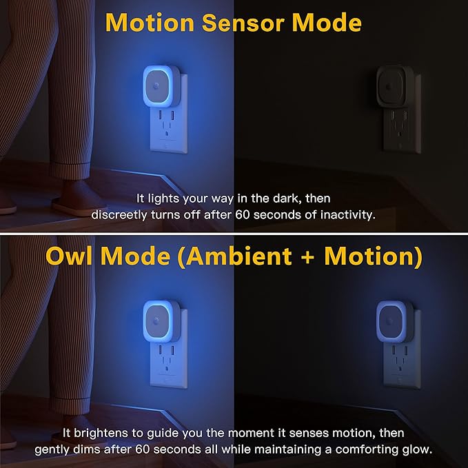 2 Pack Plug in Night Light with Motion Sensor & Dusk to Dawn Sensor, 3 Sensor Modes, Auto ON/Off, Dimmable, Night Lights Plug into Wall for Bathroom, Kitchen, Adults, Indoor, Light Blue