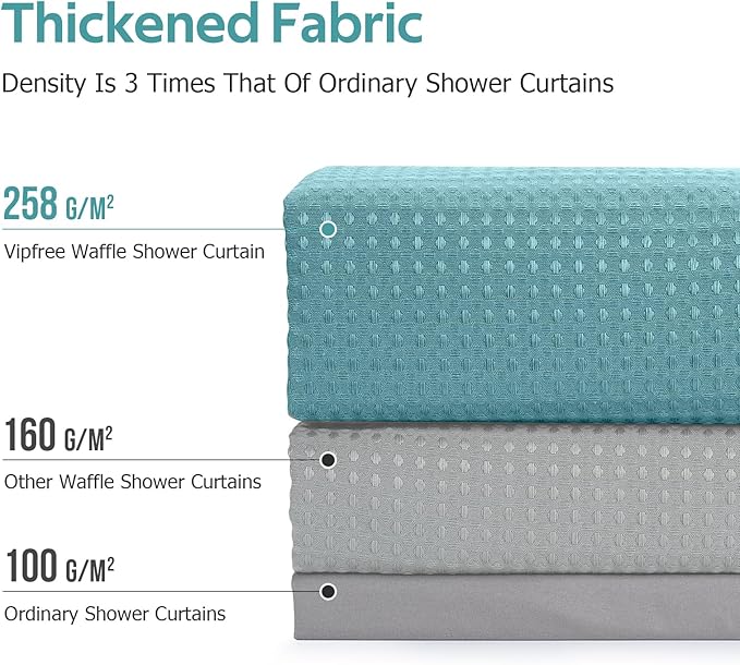 3 in 1 Shower Curtain Set, Waffle Shower Curtain and Liner Set with 12 Double Sided Shower Curtain Hooks, 258GSM Luxury Weighted Cloth Shower Curtains for Bathroom, 72 W x 72 H, Teal