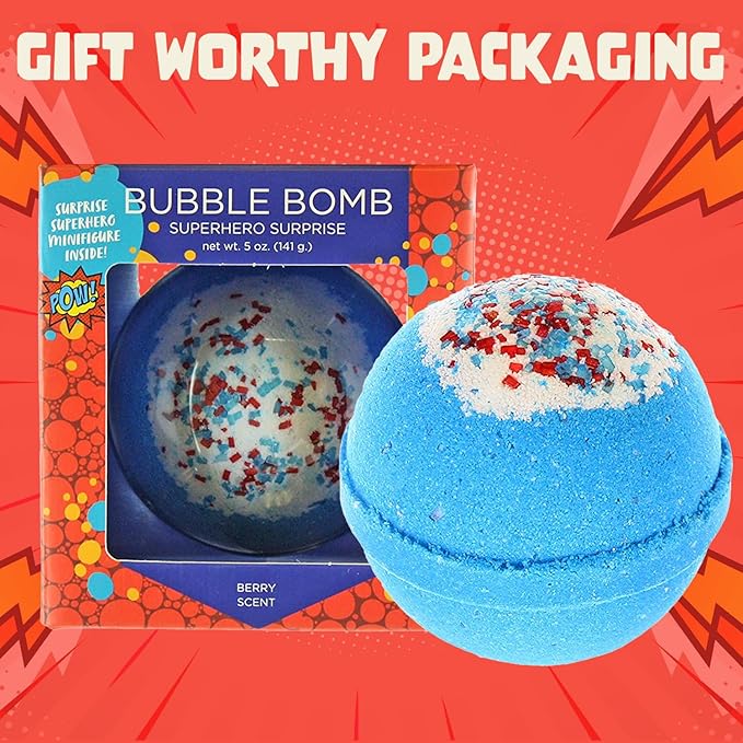 Superhero Bath Bombs for Kids & Boys with Surprise Hero Toys Inside (1 Pack) - Large Bubble Bath Bombs for Boys & Girls - Children Gift & Boys Valentine Gifts - Fruity Scent, USA Made by Two Sisters