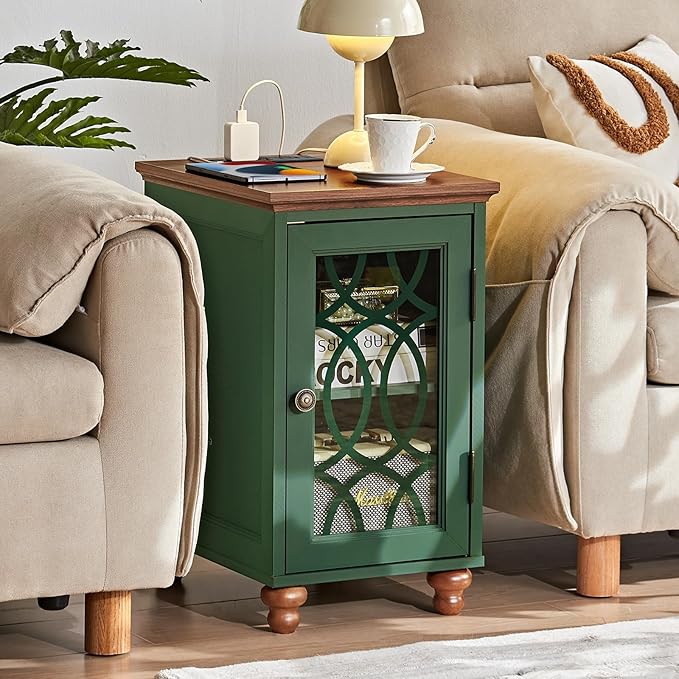 Narrow Side Table with Charging Station Set of 2, Night Stand with Glass Door,Bedside End Tables with Adjustable Shelf Storage Cabinet,Wood Nightstand for Small Spaces Living Room Bedroom