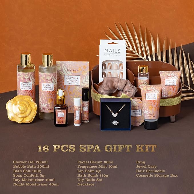 Luxury Gifts for Women, 16 Pcs Spa Gifts for Woman of Coconut Vanilla Scents Skin Care Kit, Facial Kit with Face Day Cream, Night Cream, Skincare Set, Christmas Gifts for Women in Makeup Storage Box