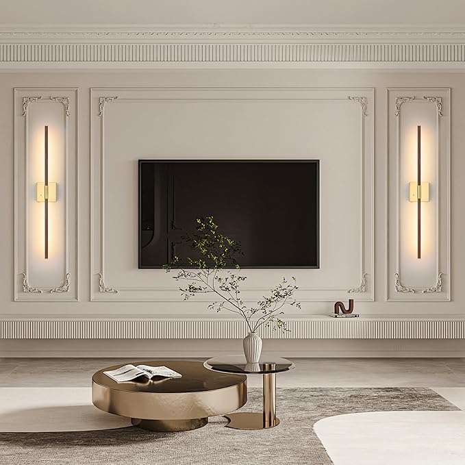 36 Inch Battery Operated Wall Sconces Set of 2, Dimmable Battery Wall Sconce with Remote Control, Walnut Gold LED Rechargeable Sconces, Modern Wireless Wall Lights for Bedroom, Living Room