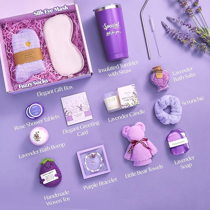 Briney Birthday Gifts for Women, Lavender Relaxing Spa Basket Care Package, Birthday Christmas Gift Basket for Mom Wife Girlfriend Her Sister, Luxury Self Care Box,Purple