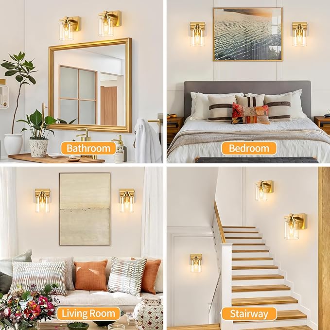 1 Light Modern Bathroom Light Fixtures Over Mirror, Brass Finish Vanity Lights for Bathroom Wall Sconces with Clear Glass Shades, E26 Socket (Bulbs Not Included)