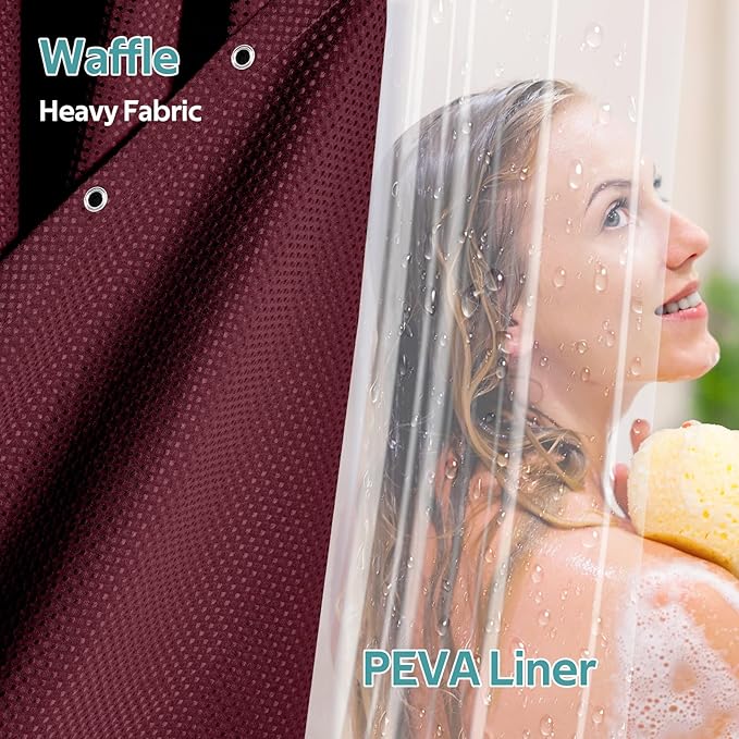 3 in 1 Shower Curtain Set, Waffle Shower Curtain and Liner Set with 12 Double Sided Shower Curtain Hooks, 258GSM Luxury Weighted Cloth Shower Curtains for Bathroom, 72 W x 72 H, Burgundy